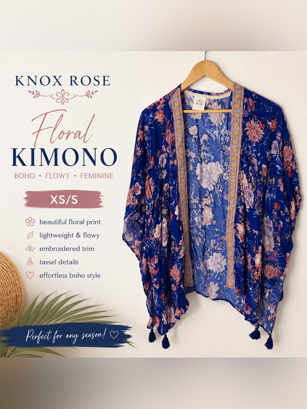 Knox Rose Blue Floral Tassel Kimono Cardigan XS/S Boho